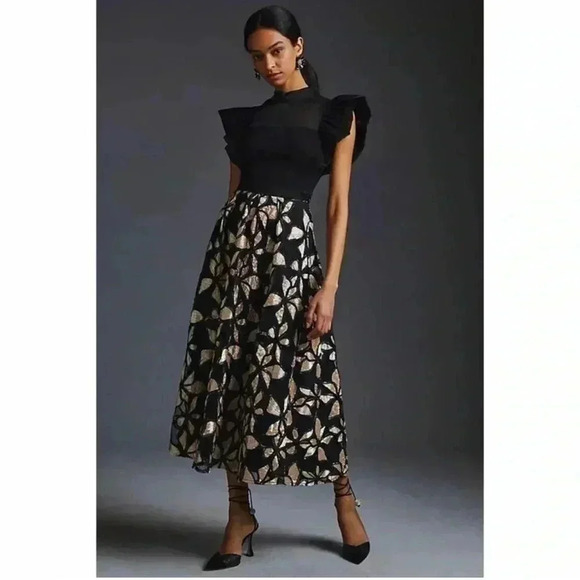 Anthropologie Eva Franco Floral Applique Maxi Skirt Black and gold